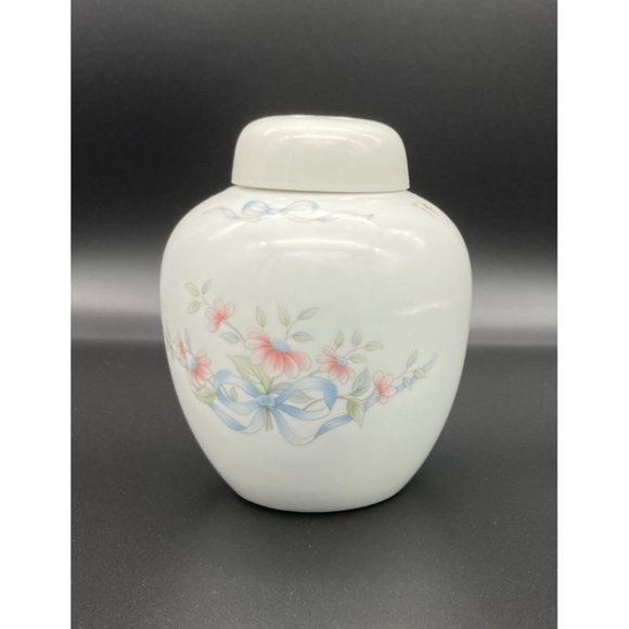 Potpourri Jar Ginger Princess House Exclusive Floral Pink Daisies Blue Bows Vint - Picture 2 of 9
